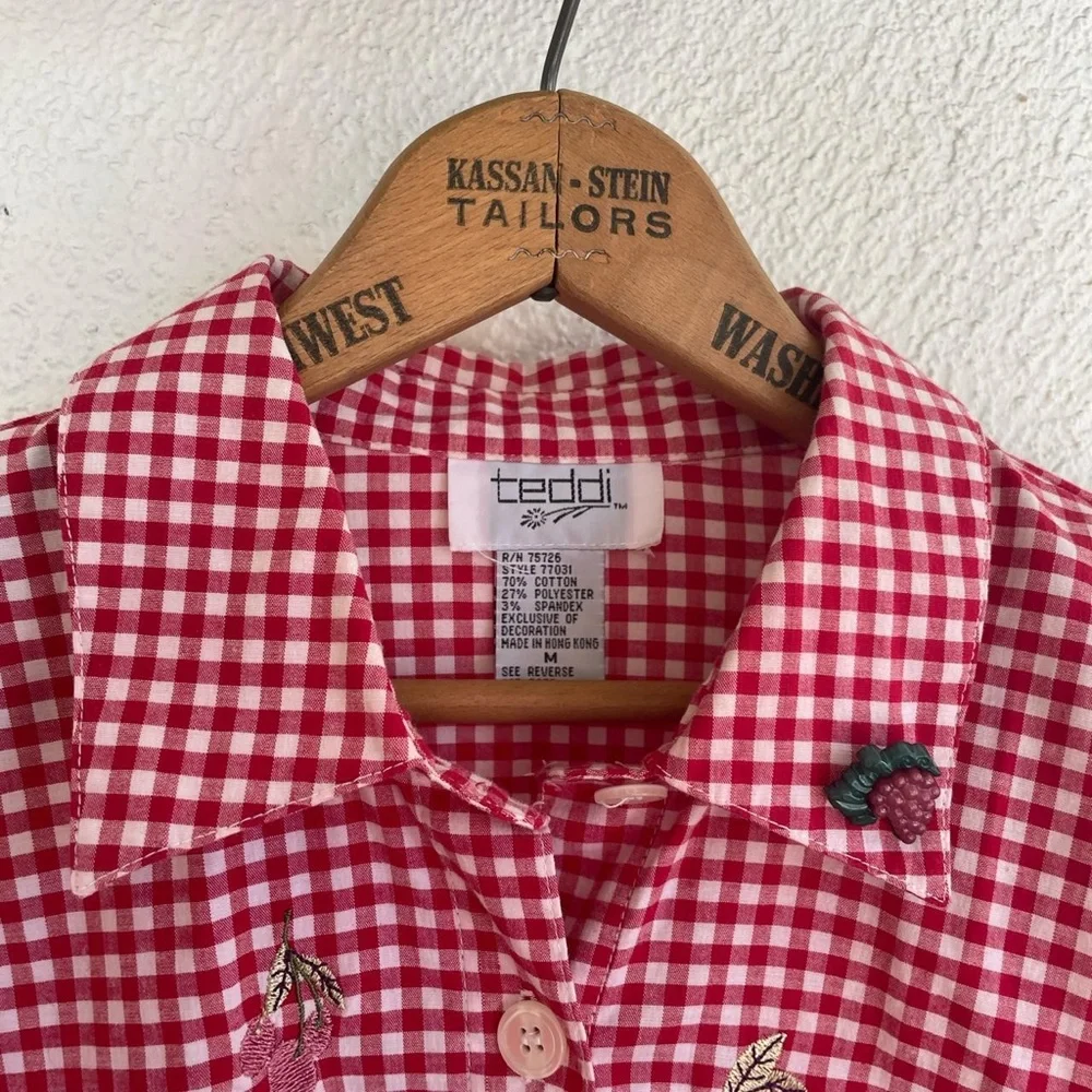 Vintage red gingham button up with embroidered flowers and fruit by Teddi - Picture 2 of 4